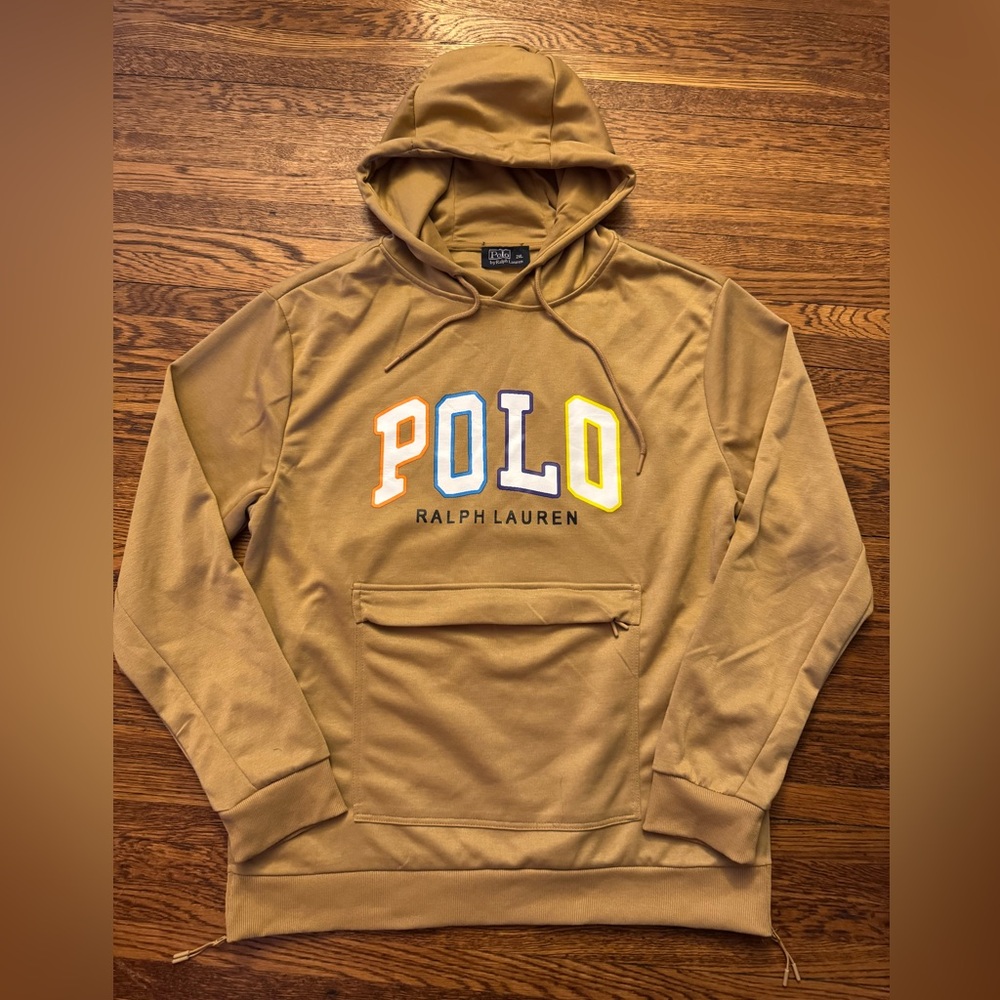 #518 POLO RALPH LAUREN Tan Hoodie for Men. Zippered sides zippered front pocket!